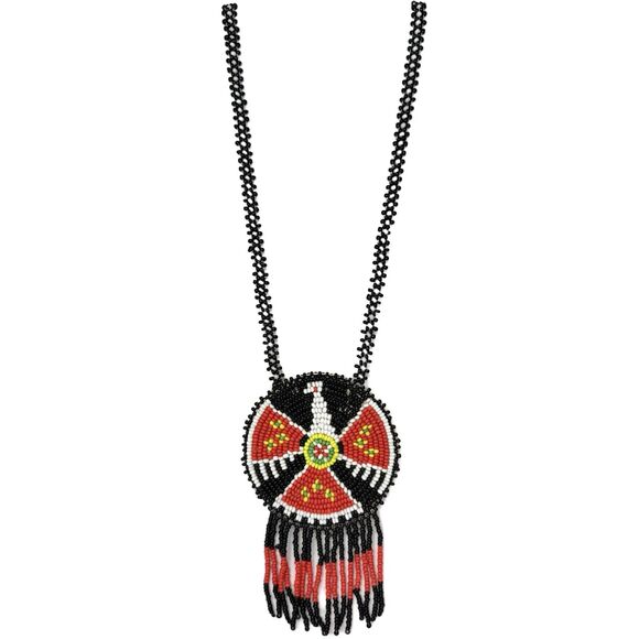 VTG Black Thunderbird Native American Medallion Necklace Seed Bead Leather Back - Picture 2 of 10